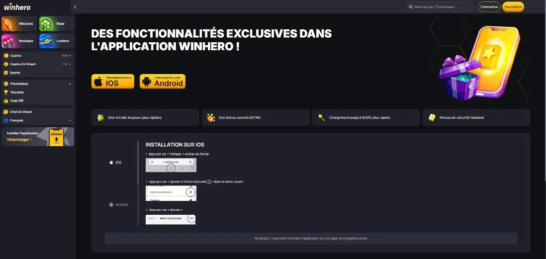 Page d'instructions de l'application Winhero avec les boutons iOS et Android