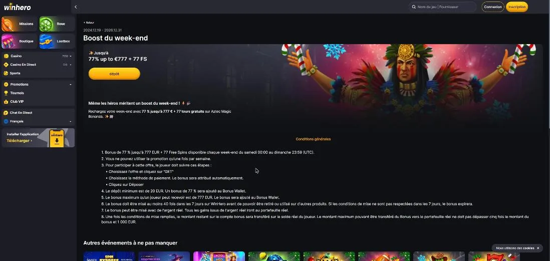 Boost du week-end Winhero, 77 % jusqu'à 777 € et 77 free spins