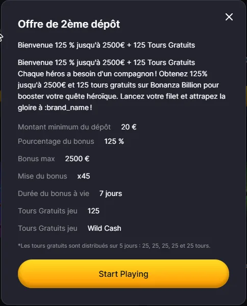 Conditions du bonus du deuxième dépôt Winhero avec 125 tours gratuits