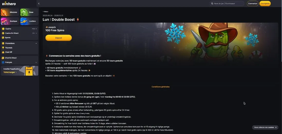 Bannière Double Boost du lundi chez Winhero, jusqu'à 100 tours gratuits