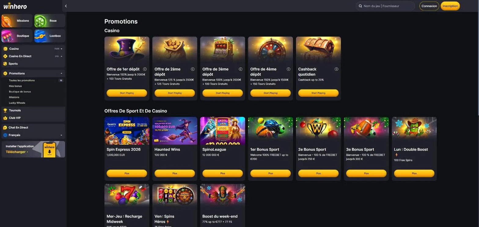 Page Promotions de Winhero avec le pack de bienvenue et le cashback quotidien