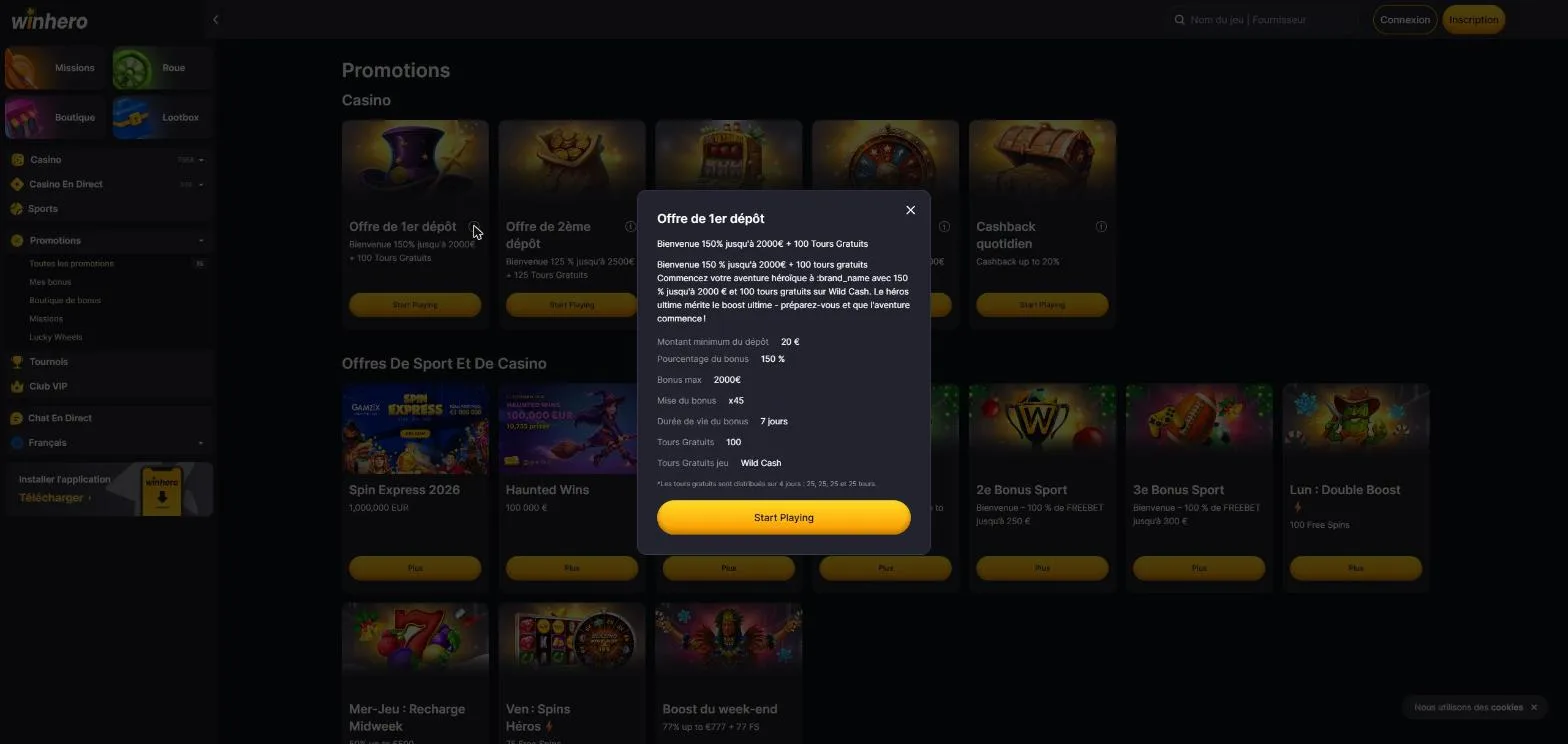 Carte de l'offre du premier dépôt Winhero à 150 % jusqu'à 2000 €