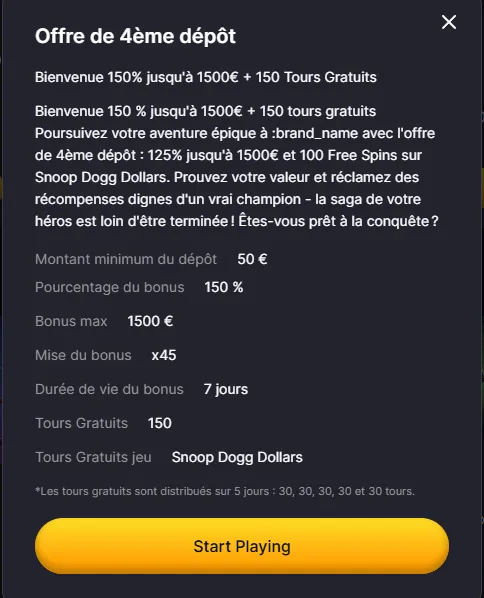 Tableau des conditions du quatrième dépôt Winhero, dépôt minimum de 50 €