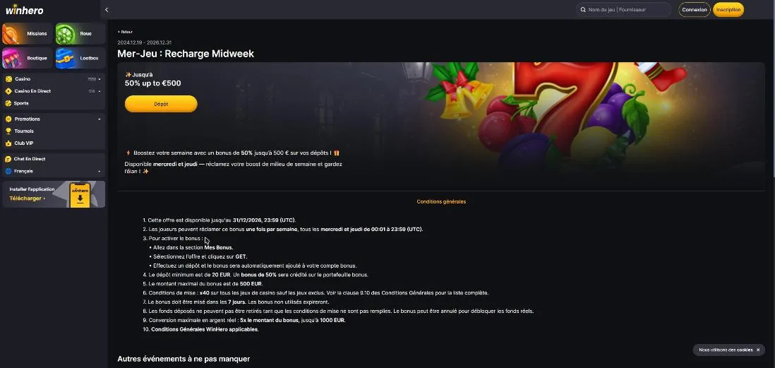 Offre Recharge Midweek de Winhero, 50 % jusqu'à 500 € le mercredi et le jeudi