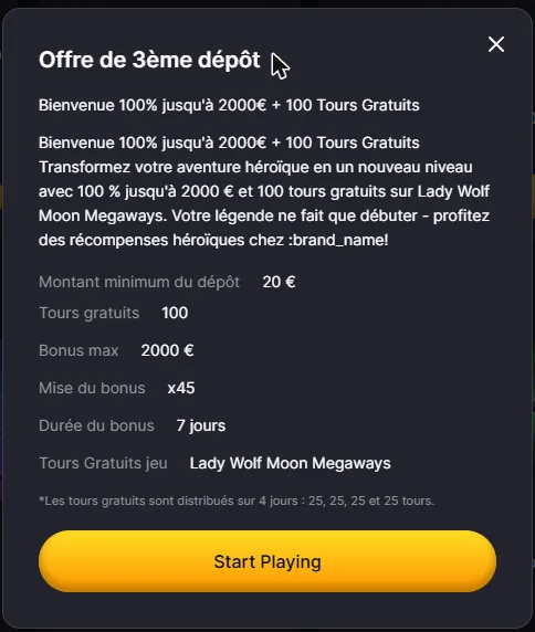 Détail de l'offre du troisième dépôt avec free spins sur Lady Wolf Moon Megaways