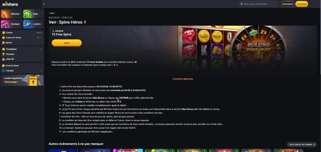 Promotion Spins Héros du vendredi avec 75 tours gratuits