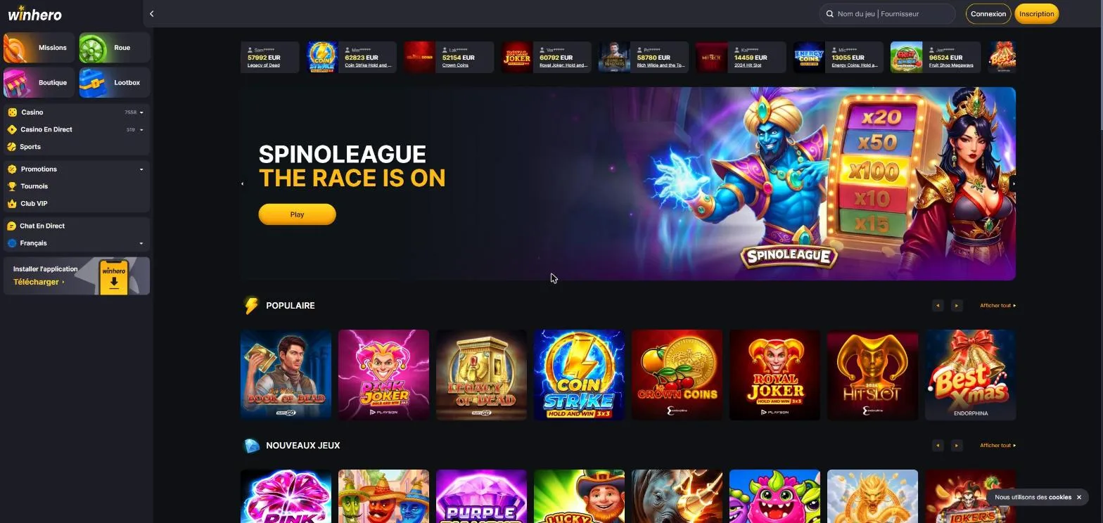 Page d'accueil de Winhero avec le menu latéral, les gains récents et la bannière SpinoLeague