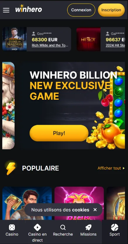 Version mobile de Winhero avec la barre de navigation en bas de l'écran