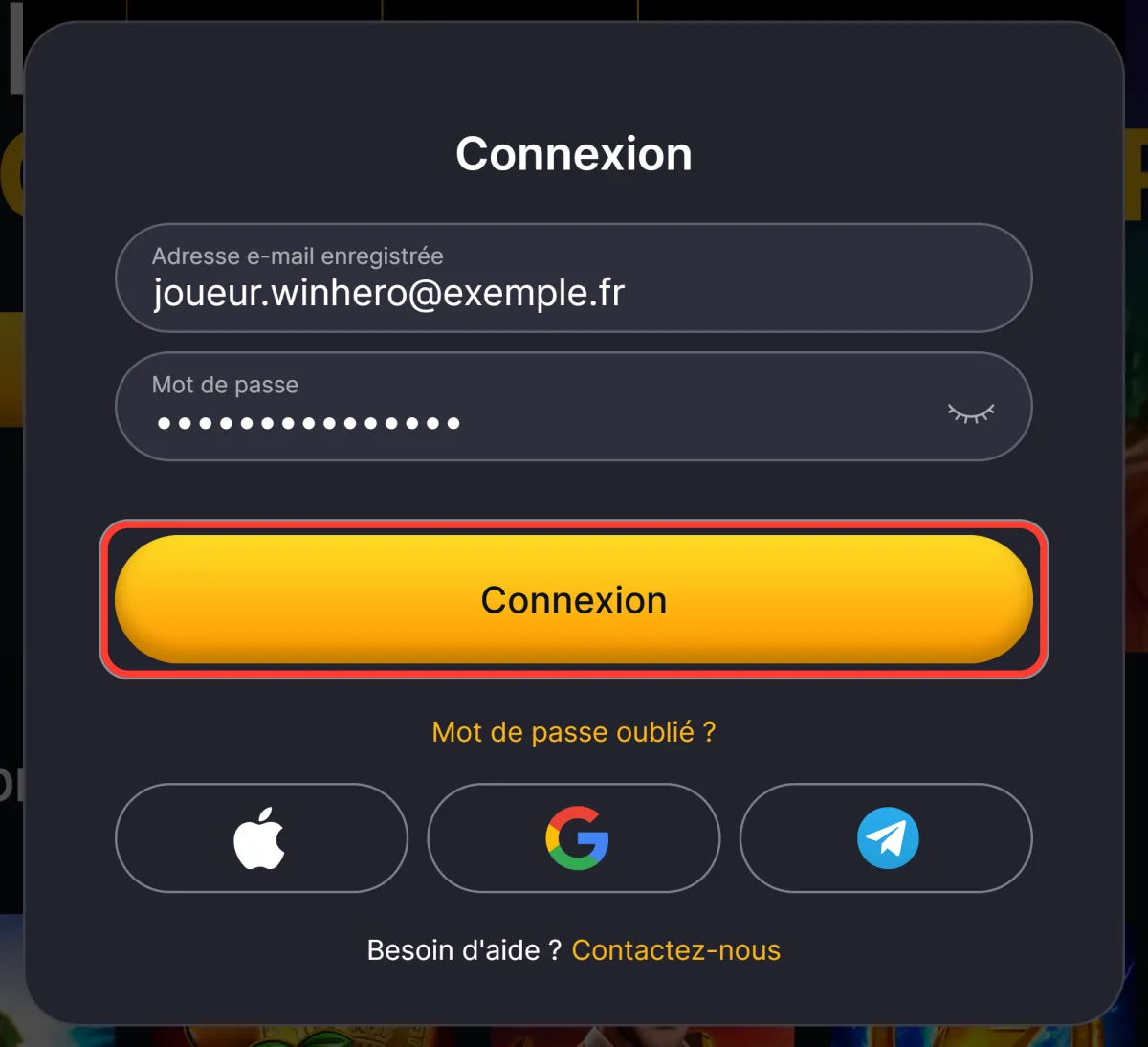 Bouton Connexion jaune actif après la saisie des identifiants