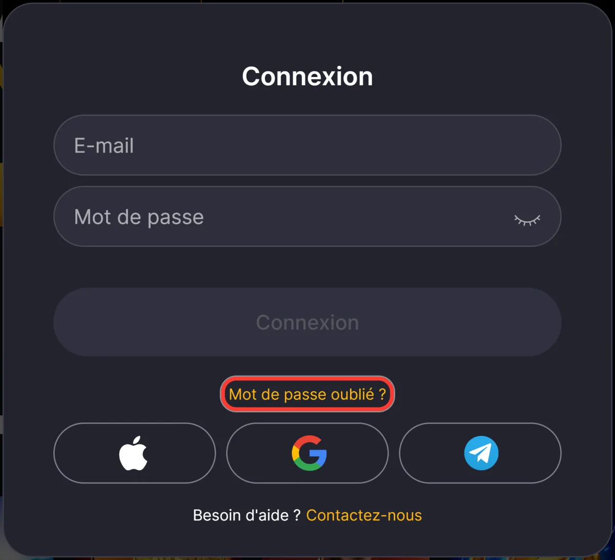 Lien Mot de passe oublié encadré sous le formulaire de connexion Winhero