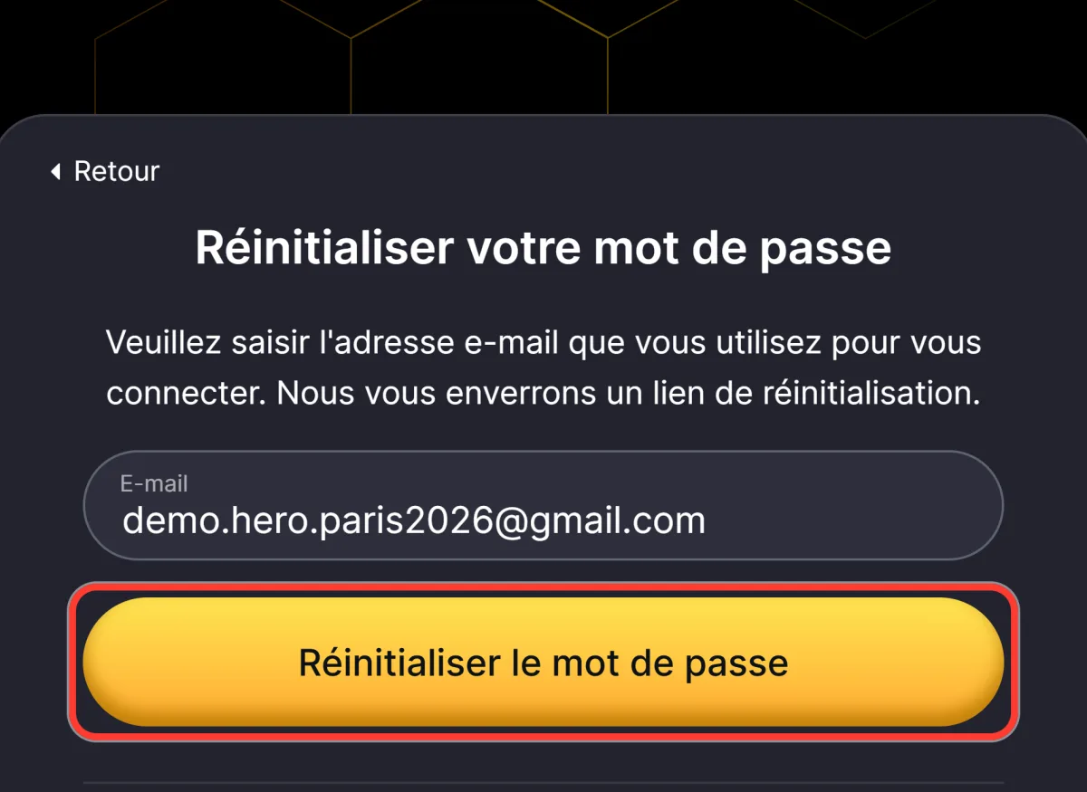 Bouton Réinitialiser le mot de passe actif après la saisie de l'adresse