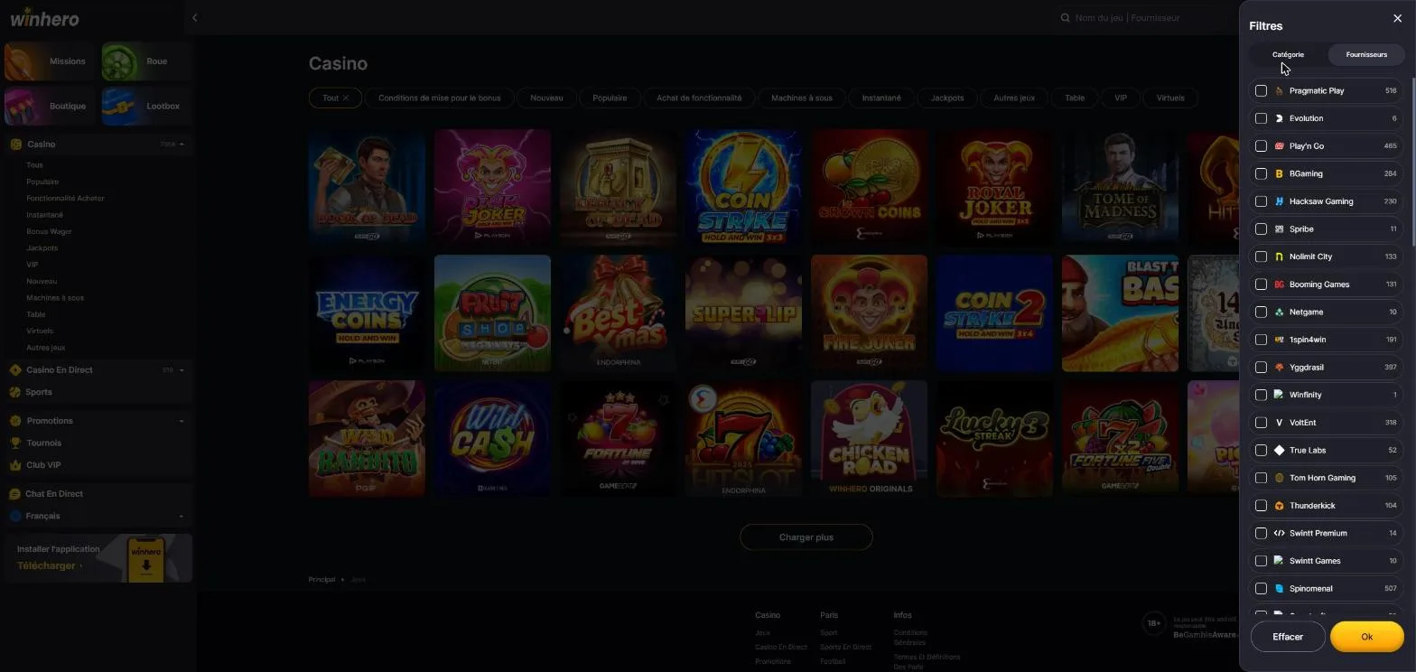 Filtre des fournisseurs de jeux Winhero avec le nombre de titres par éditeur