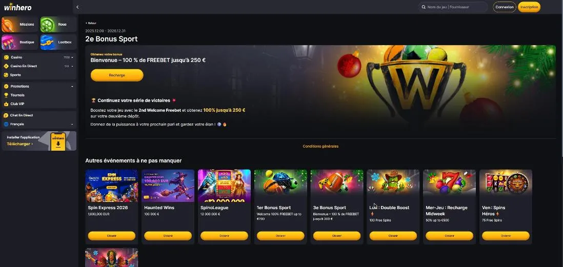 Carte du deuxième freebet sport Winhero jusqu'à 250 €