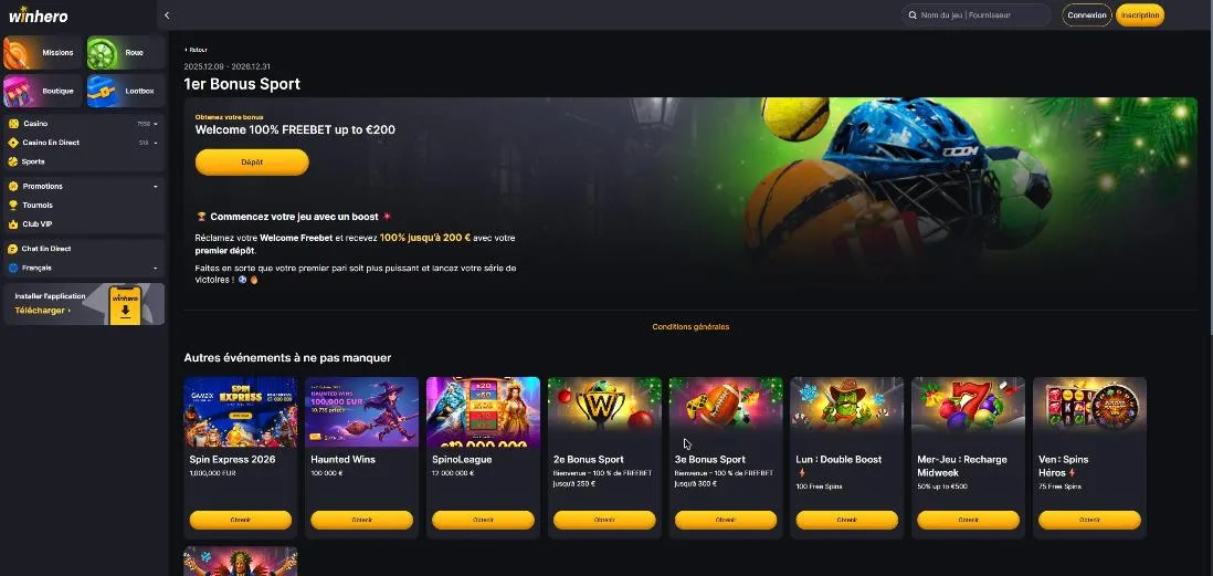 Carte du premier freebet sport Winhero, 100 % jusqu'à 200 €