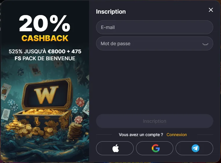 Formulaire d'inscription Winhero avec les champs e-mail et mot de passe