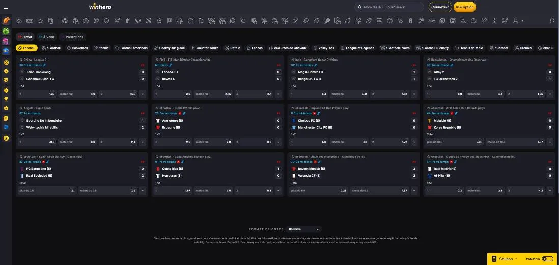 Sportsbook Betby de Winhero avec les matchs en direct et le coupon de paris