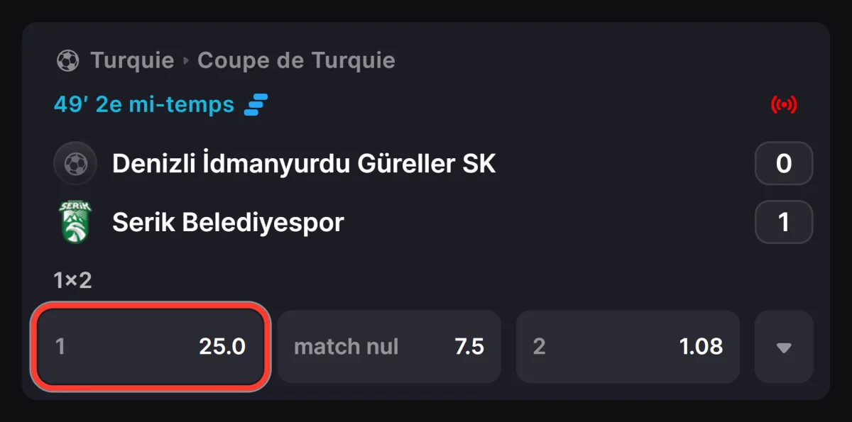 Cote d'un match de football en direct encadrée dans le sportsbook Winhero
