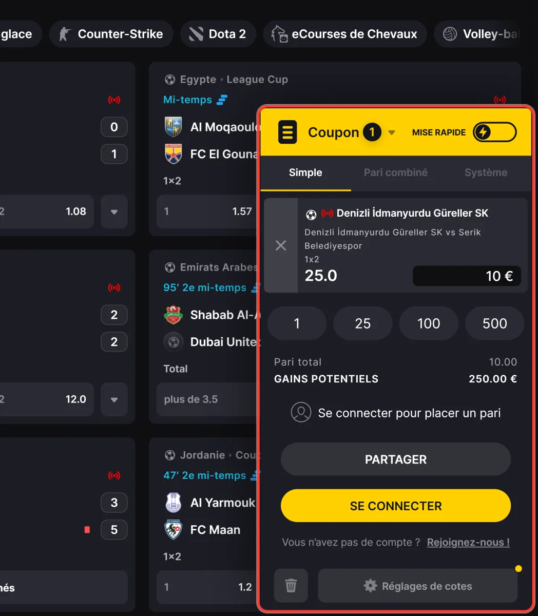 Coupon de paris Winhero avec la sélection, la mise de 10 € et les gains potentiels