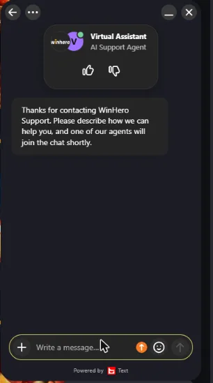 Fenêtre du chat en direct Winhero avec l'assistant virtuel